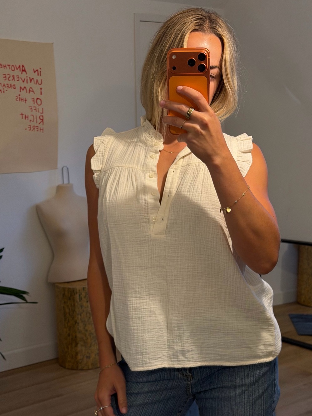 J.Crew White 100% Cotton Gauze Ruffle Sleeveless Top | Small